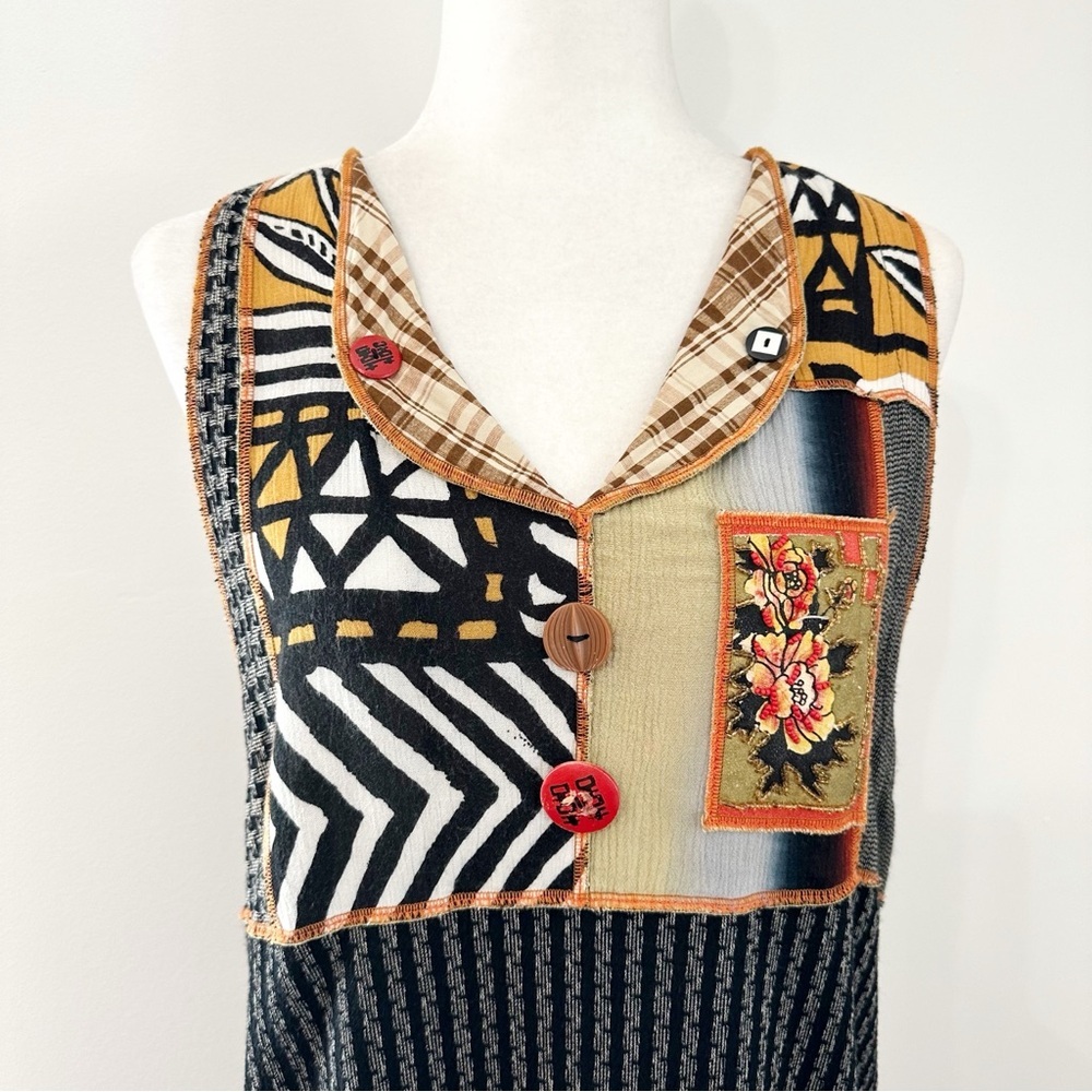 Faith Mixed Print Beaded Button Patchwork Sleevel… - image 2